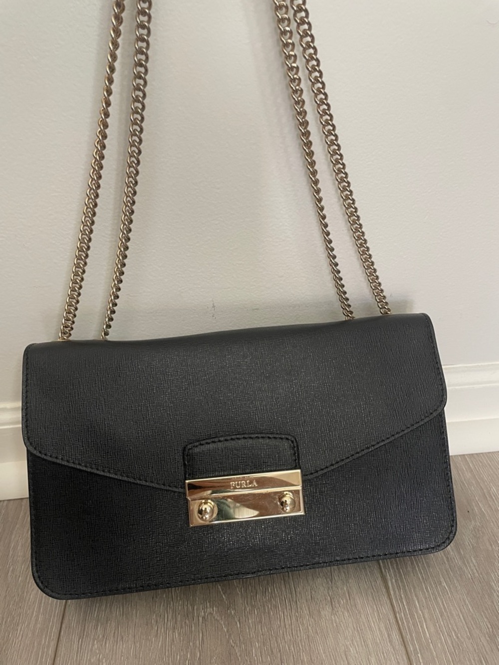 Furla Black Leather Crossbody with Gold Chain